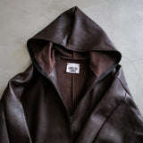LEATHER HOODED ZIPPER COAT
