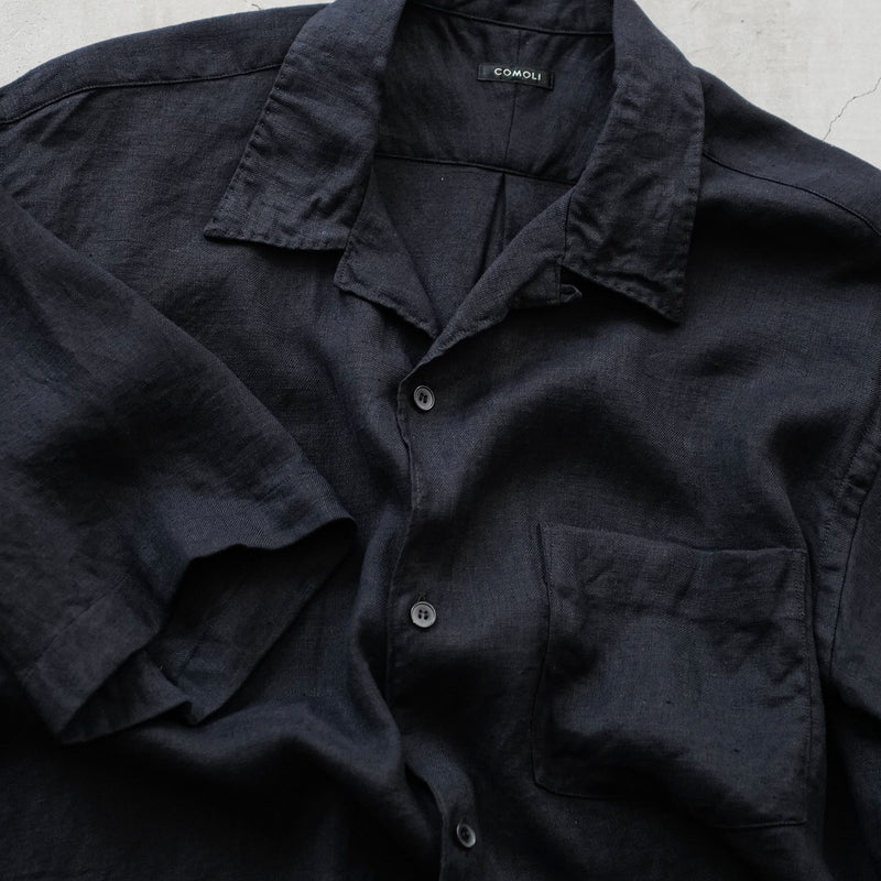 LINEN TWILL SHORT SLEEVE OPEN COLLAR SHIRT