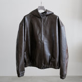 LEATHER HOODED ZIPPER JACKET